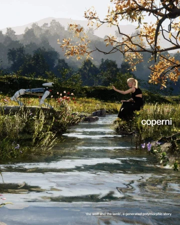 Blonde woman in black dress sitting near robot dog in serene natural setting by stream with greenery and trees, AI generated.