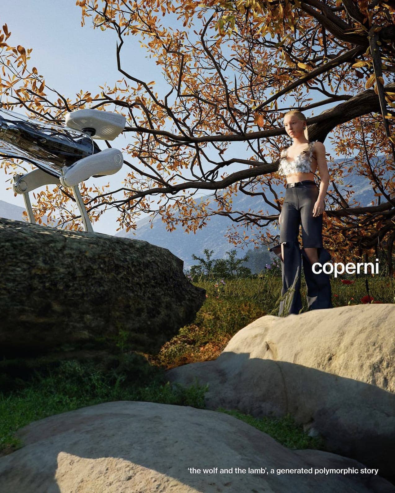 AI-generated fashion scene featuring a woman in denim on a rock, facing a robotic device amid trees, with mountains visible behind.