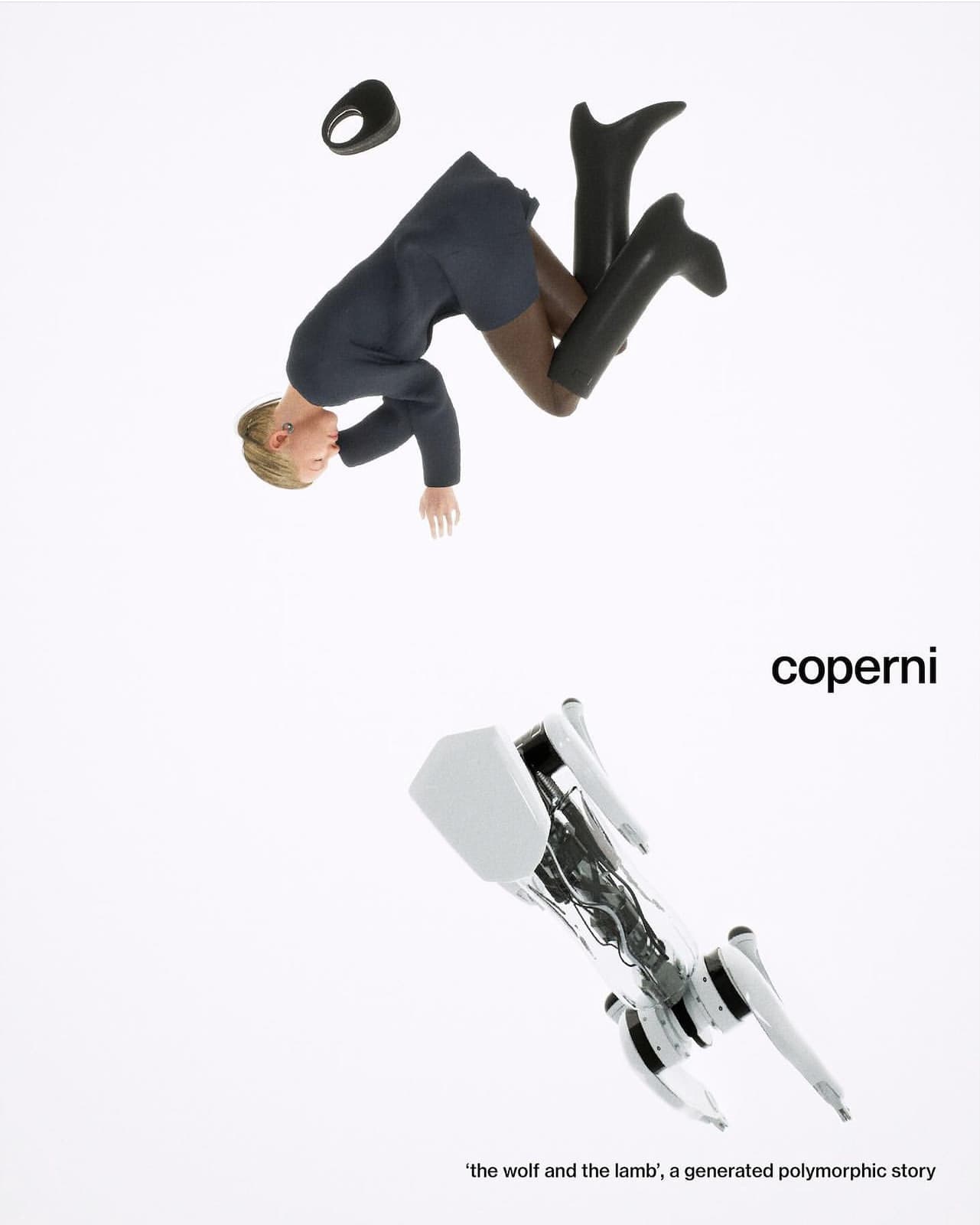 Fashion-forward AI-generated image with a woman in a dress and boots floating above a white robot dog on a plain white background.