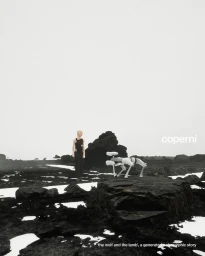 Model Lila Grace Moss in a black sleeveless dress standing on dark rocks beside a white quadruped robot against an overcast sky.