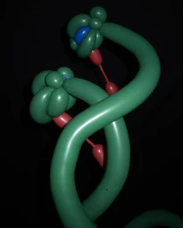 Sculptural twisted green balloons with pink and blue accents against a solid black background.