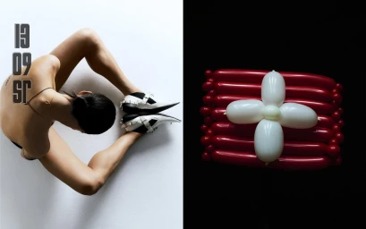 Diptych image showing a woman from above on a white background and a red and white balloon sculpture against black