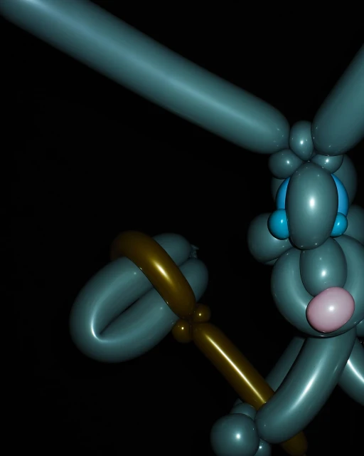 Grey balloon animal sculpture of a rabbit holding a staff with a dark background, creating a whimsical and artistic visual.