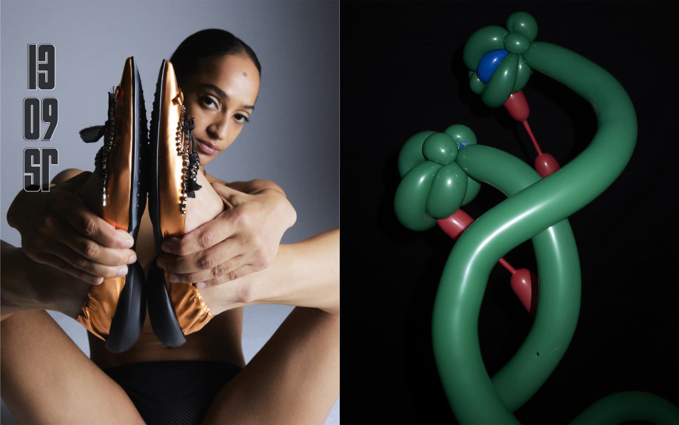 A split-screen image with a person holding embellished ballet flats on the left and a green balloon animal on the right.