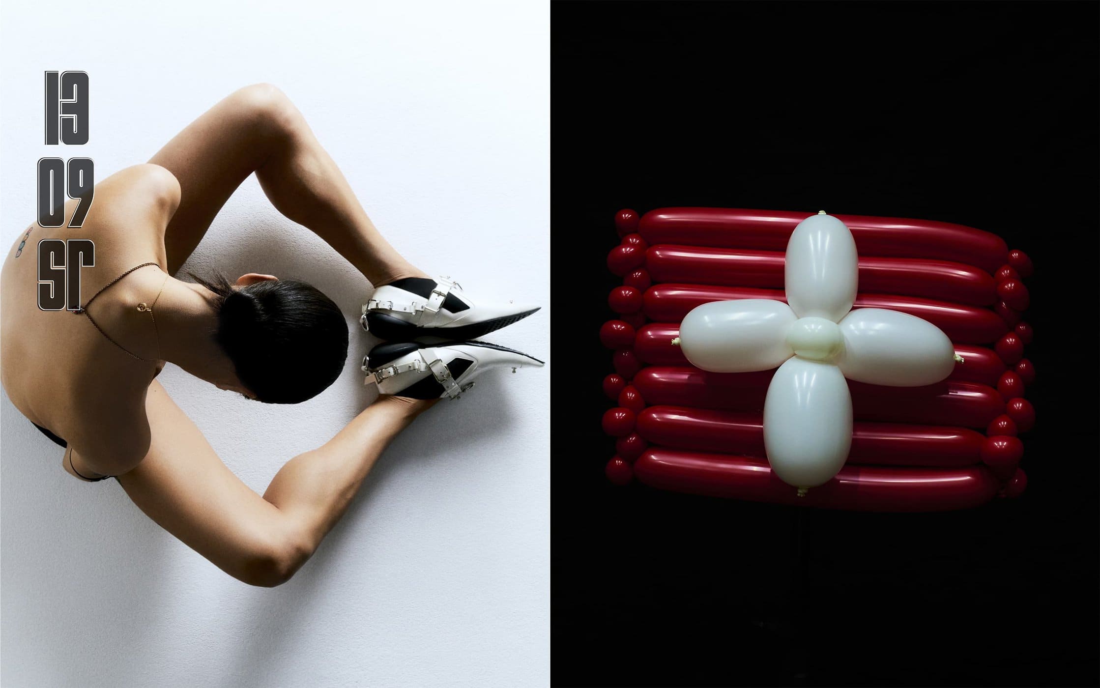 Top-down shot of a person in an arch shape with a pair of shoes, alongside red and white balloons on a white and black background.