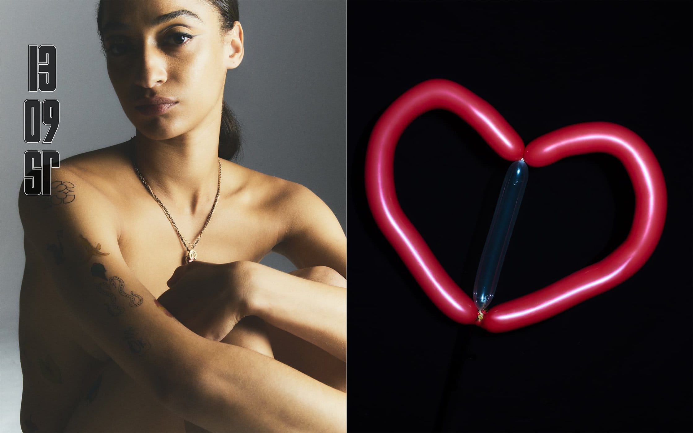 Studio shot of an adult female with a red balloon heart on a split screen. The woman has fair skin, dark hair and a necklace.