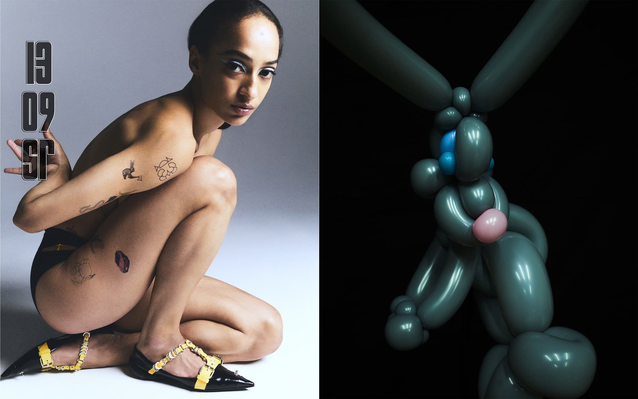 Striking image featuring an adult woman with tattoos posing on gray next to a creative balloon animal sculpture on black backdrop.