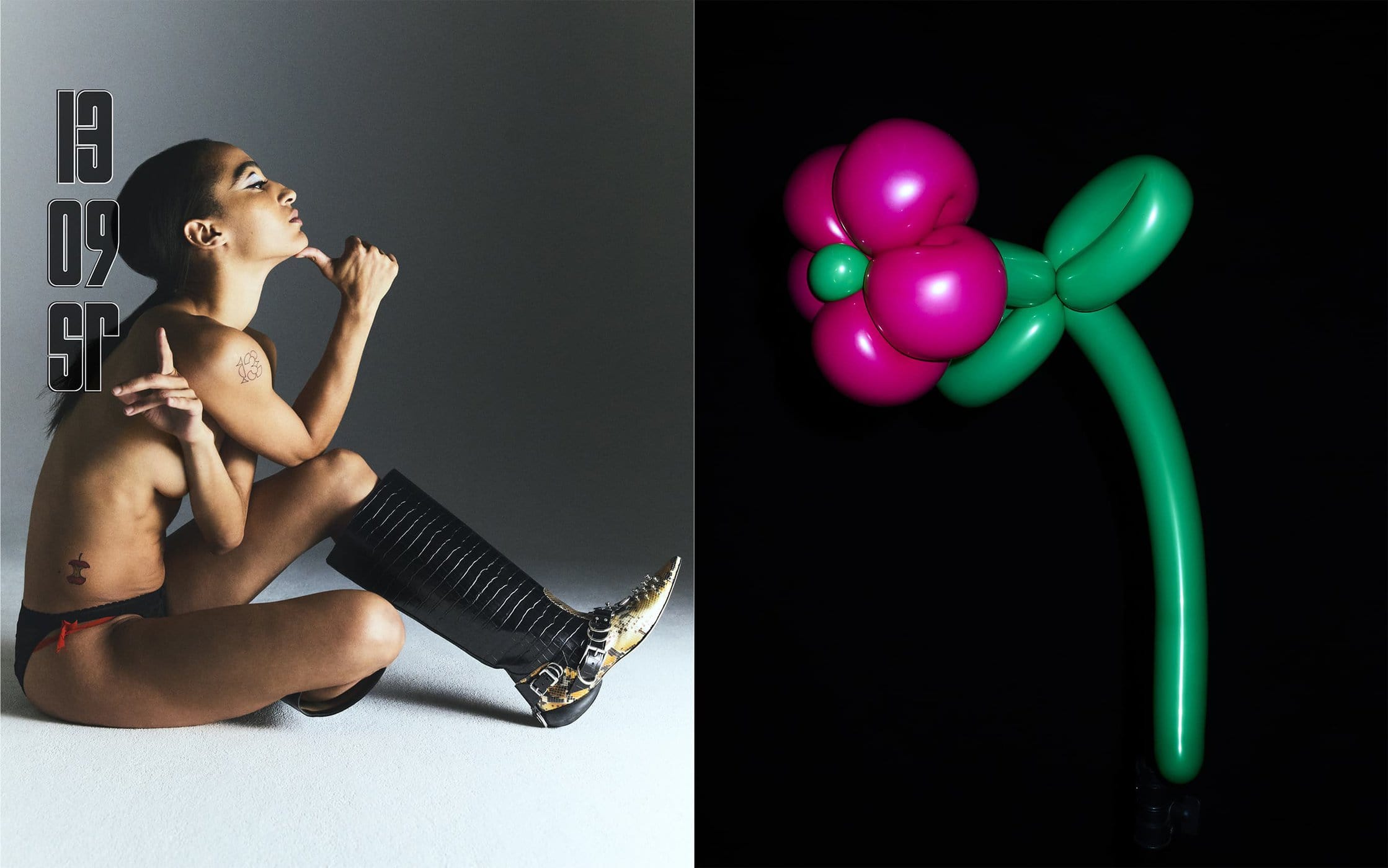 Profile shot of a nude woman seated next to a knee-high boot, contrasted with a balloon flower on a black backdrop, studio lit.