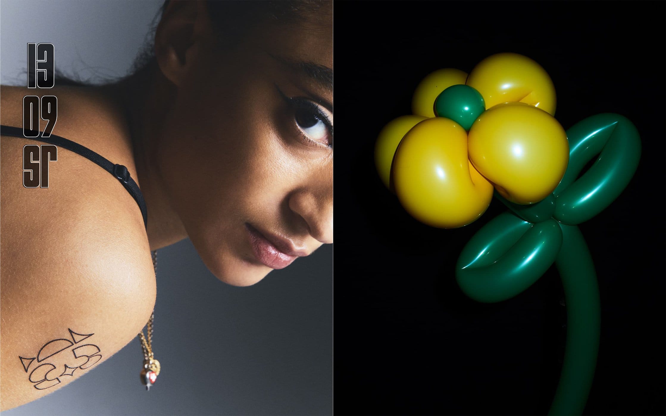 A split screen featuring a close-up of a woman's face and shoulder with a tattoo alongside a balloon flower with yellow petals and green leaves.