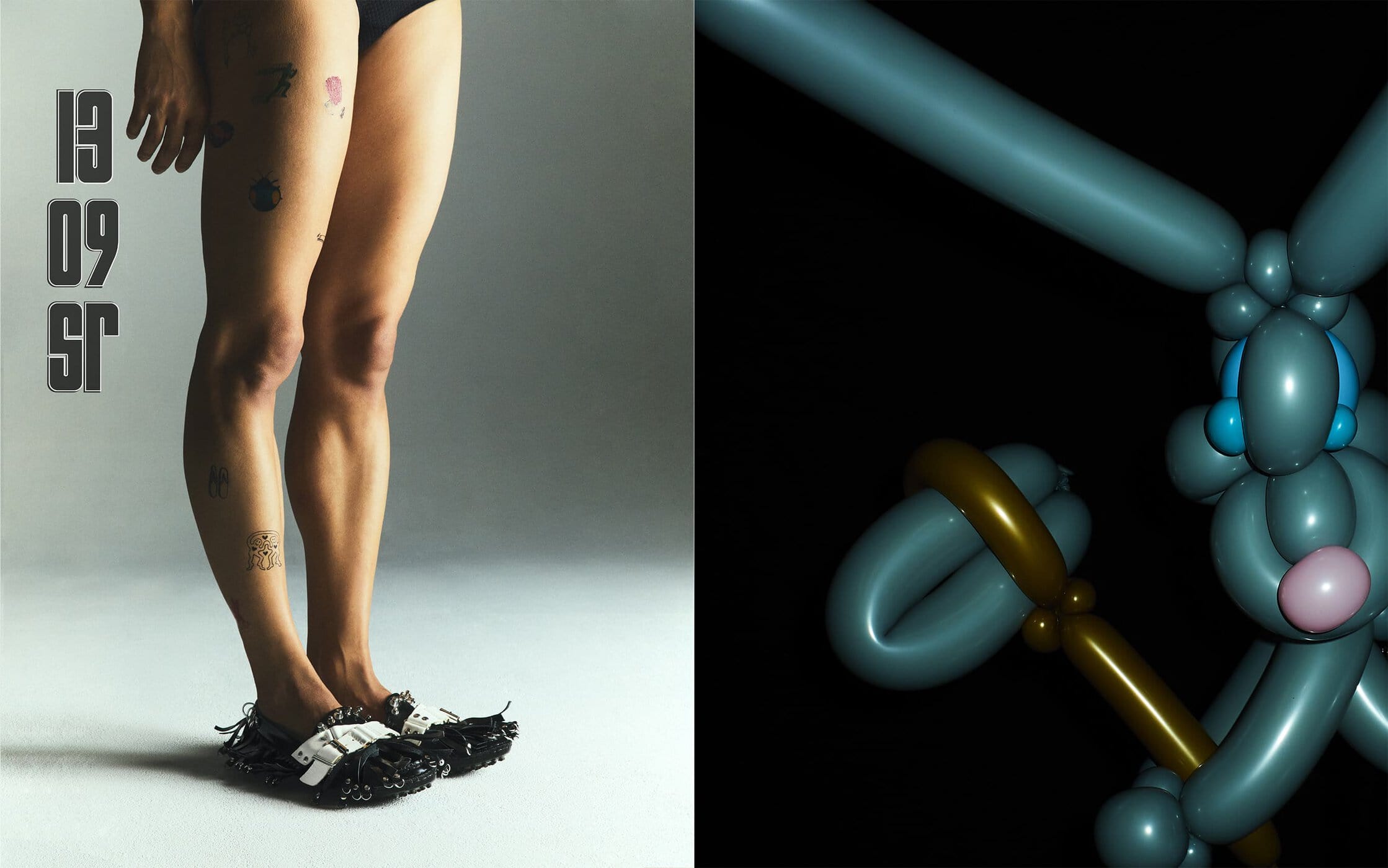 Studio shot split between an adult posing with tattooed legs and decorative shoes, and a balloon animal rabbit. 
