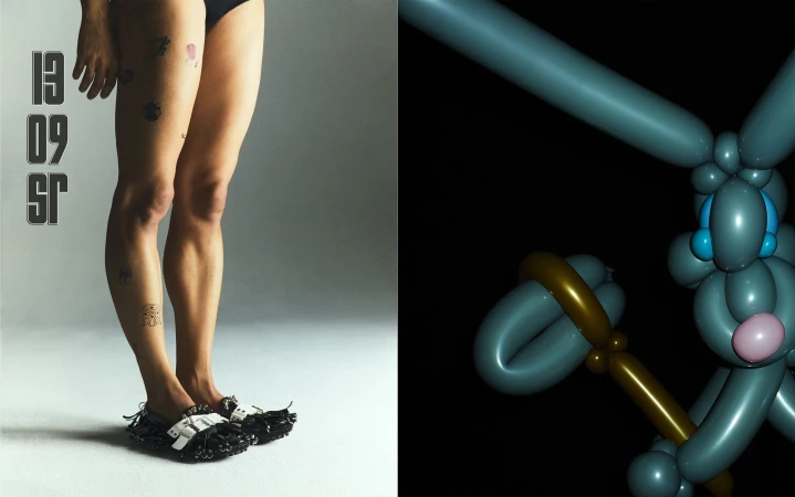 Studio shot split between an adult posing with tattooed legs and decorative shoes, and a balloon animal rabbit. 