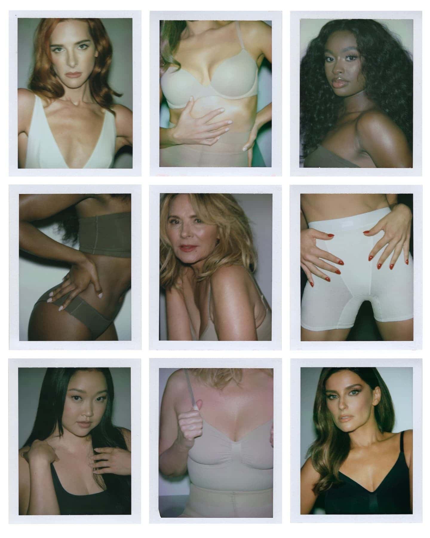 Collage of nine diverse women in neutral-toned undergarments posing in a grid format against a white background, fashion-forward.