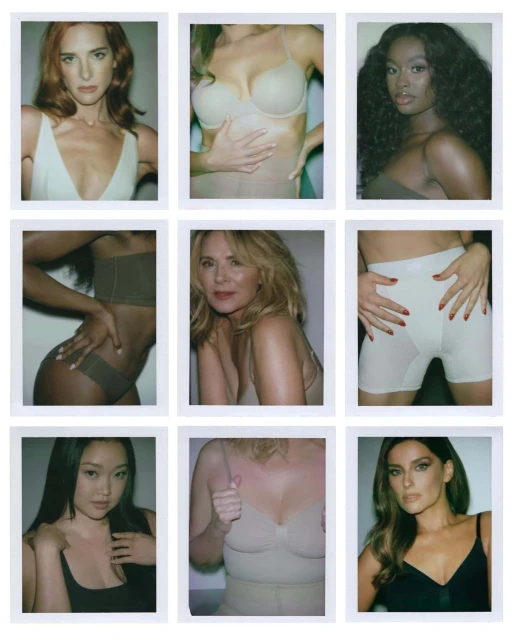 Collage of nine diverse women in neutral-toned undergarments posing in a grid format against a white background, fashion-forward.