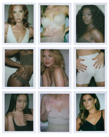 Collage of nine diverse women in neutral-toned undergarments posing in a grid format against a white background, fashion-forward.