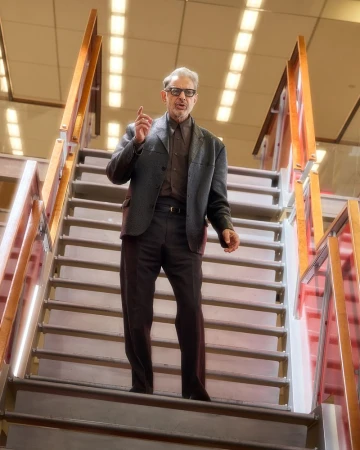 Adult male with glasses stands on staircase in a suit jacket and pants, facing forward, with his right hand raised in a building.
