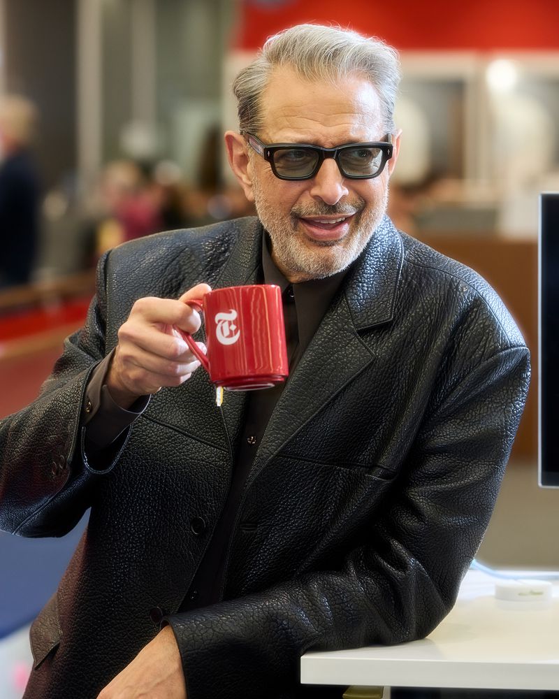 Portrait of Jeff Goldblum indoors, holding red mug with the New York Times logo, wearing a black leather jacket and eyeglasses.