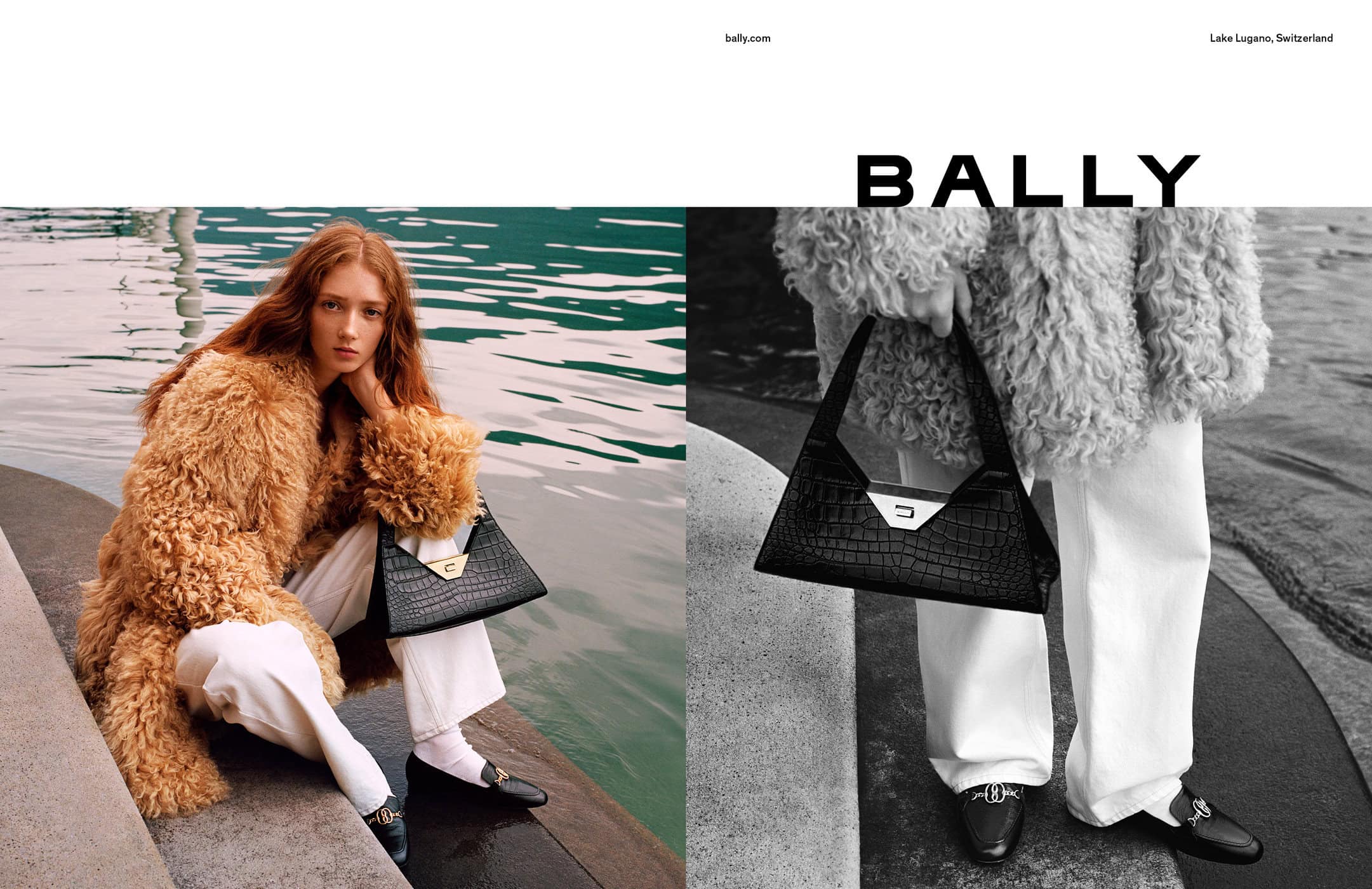 Fashion shot featuring a red-haired woman in a fur coat holding a black leather handbag by a lake, contrasted with a black and white version.