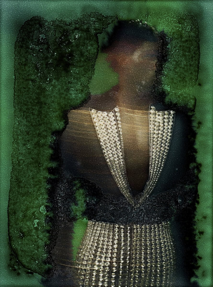 An abstract portrait of a woman in a beaded dress, rendered in dark greens and browns with a textured, vintage aesthetic.