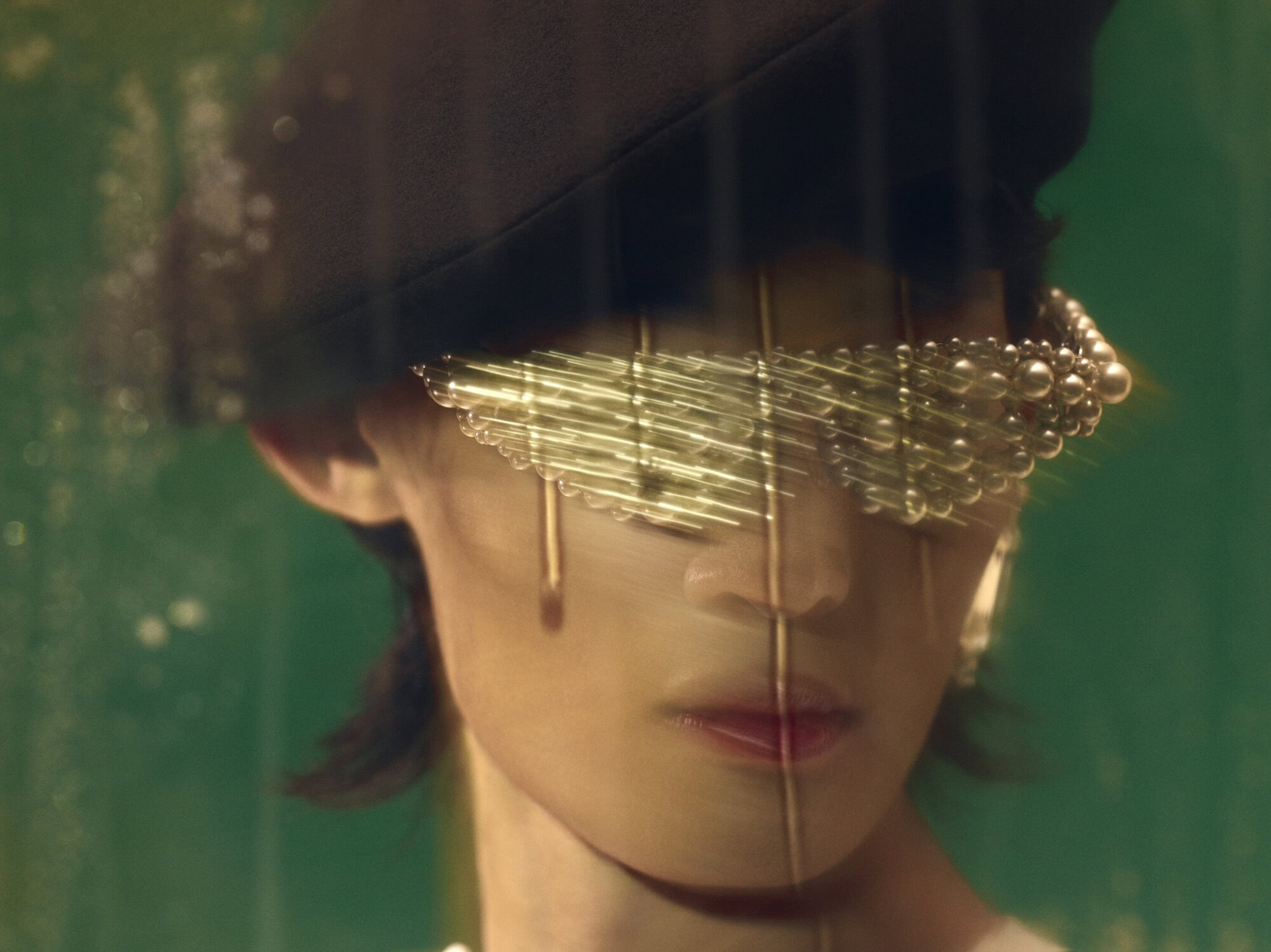 Person with golden metal eye accessory wearing a dark hat against a green backdrop, studio lighting. Beauty and fashion concept.