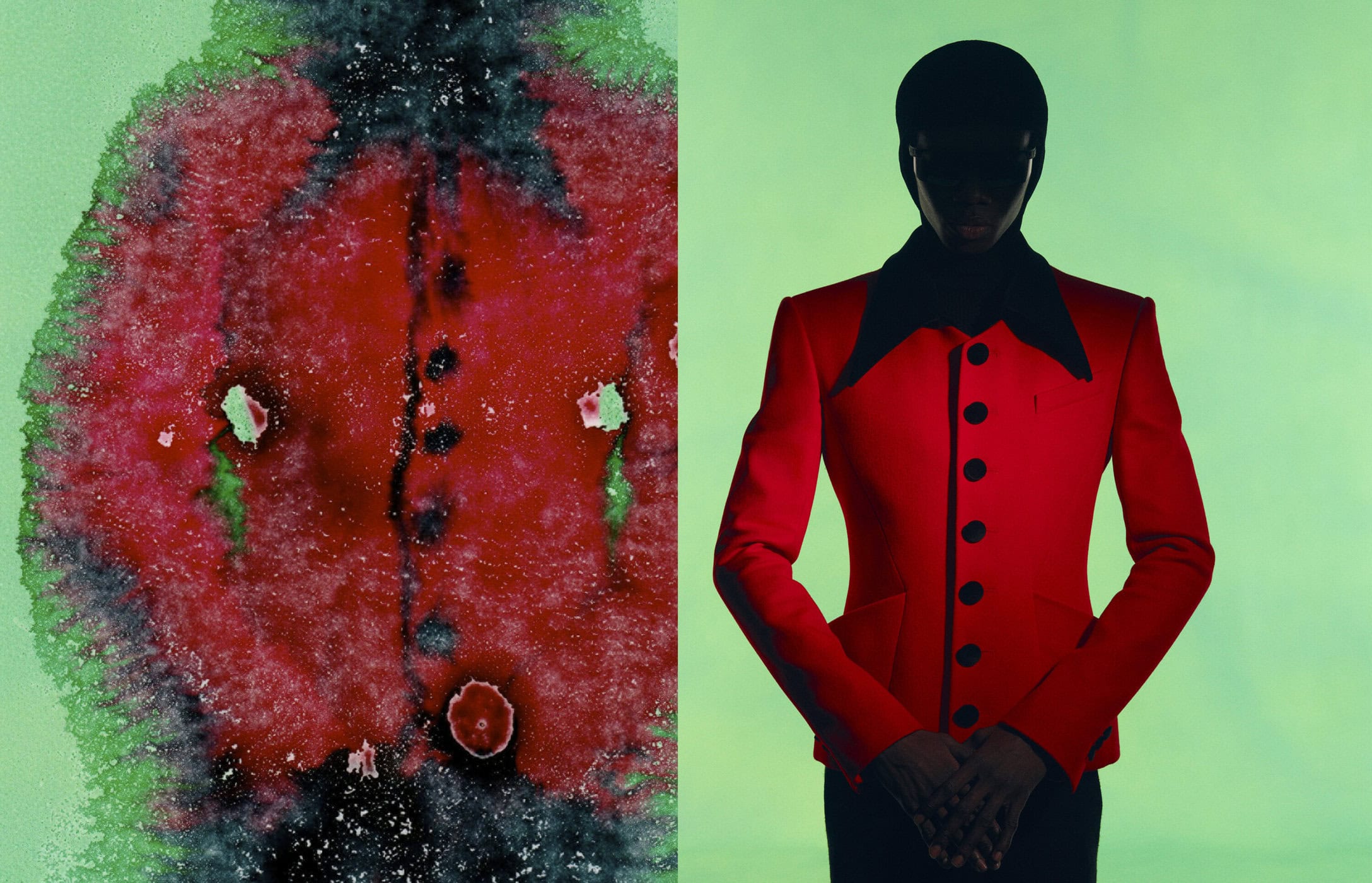Surreal fashion portrait: person in red blazer with dark features, artistic watercolor textures, and vibrant green background with moody lighting.