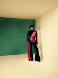 Model in a black flared suit and beret with a draped magenta satin sash posing in a minimalist green and beige studio corner.