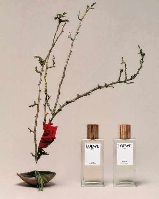 Still life shot featuring Loewe 001 perfumes, arranged with dry branches and a bowl, set against a neutral-toned backdrop. 