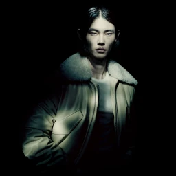 Model Taemin Park wearing a cream shearling-collar leather jacket illuminated against a dark black background.