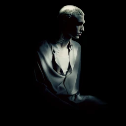 Model with slicked-back blonde hair wearing an open light grey silk shirt against a black background.