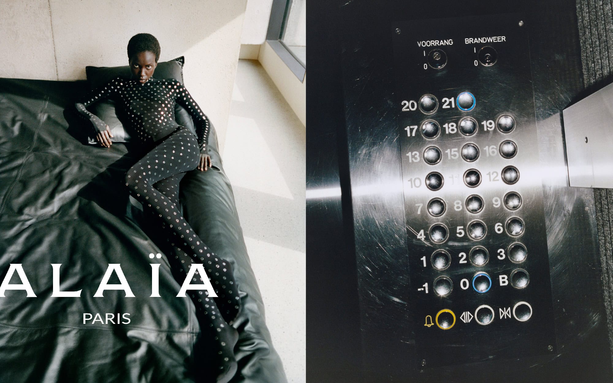 Fashion shot of an adult woman lying on a black leather bed wearing a black dotted bodysuit, contrasted by elevator buttons.