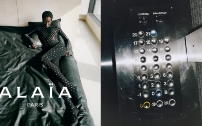 Model Anok Yai lies in a black studded catsuit on a leather lounger next to a metal elevator control panel in a diptych format.