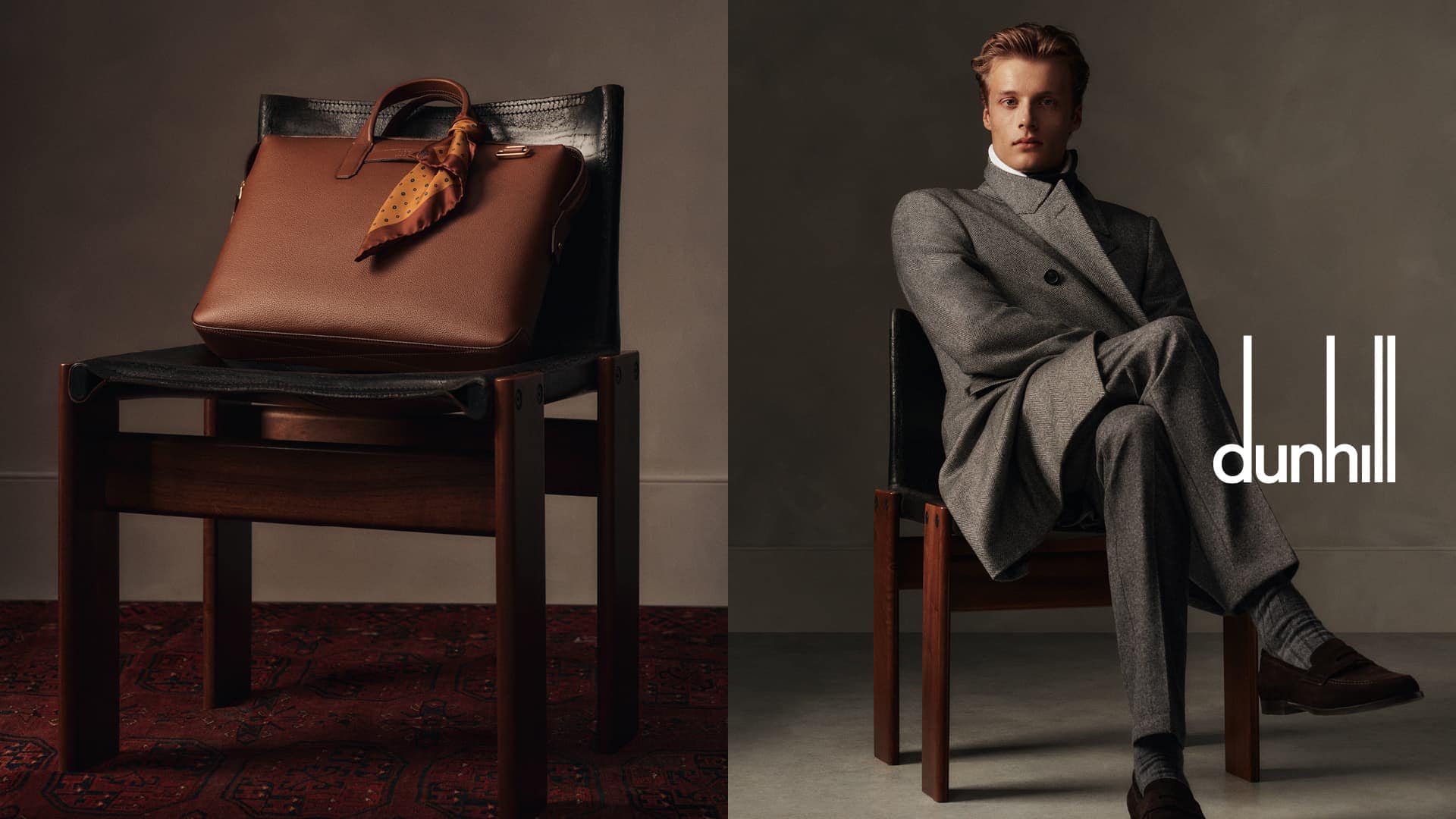 Fashion shot features a leather briefcase and a man in a grey suit sitting on chairs against a grey backdrop with logo visible.