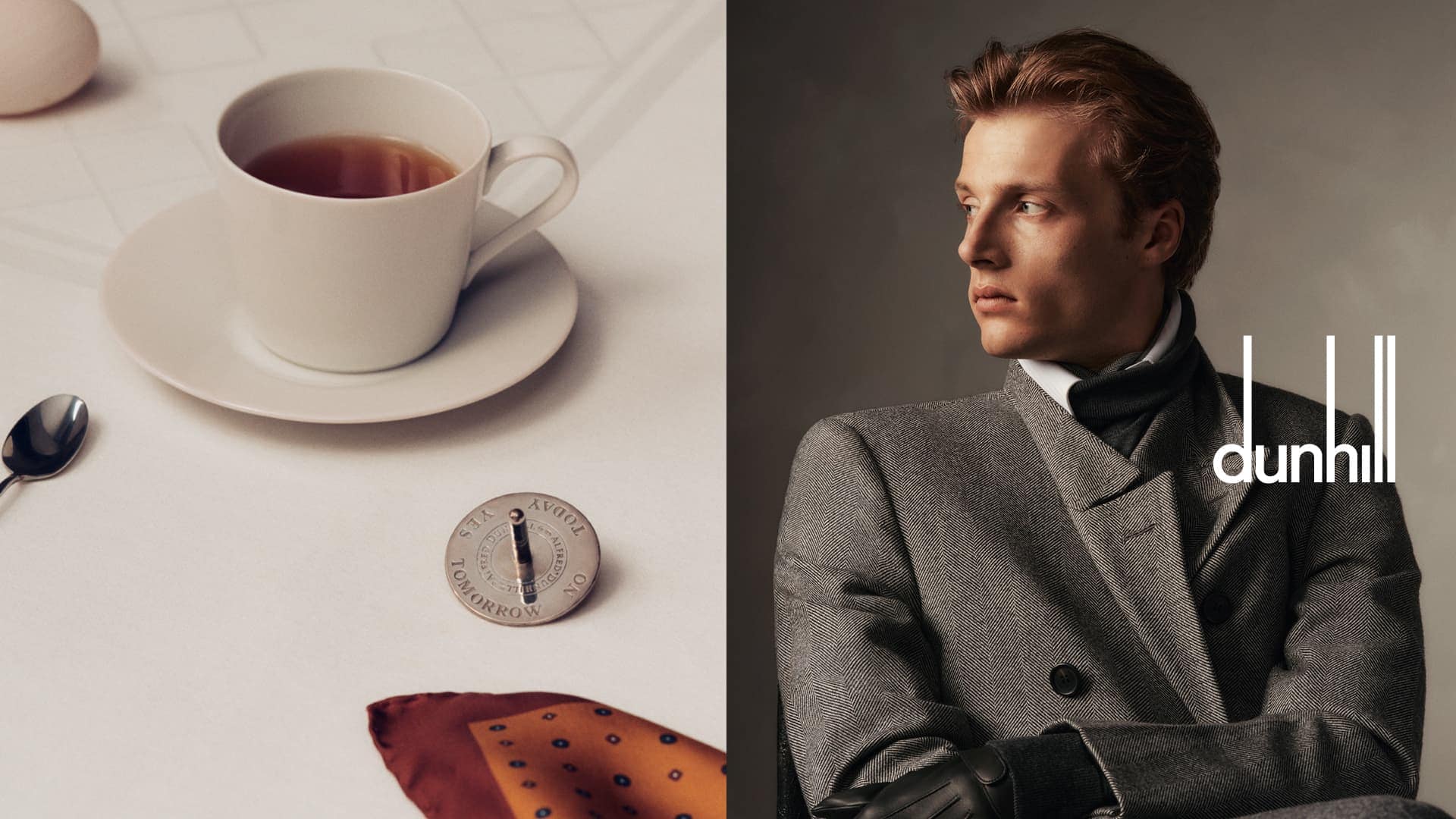 Elegant composition featuring a man in a grey coat beside a tea cup and saucer, plus a vintage-style navigation coin and Dunhill logo.