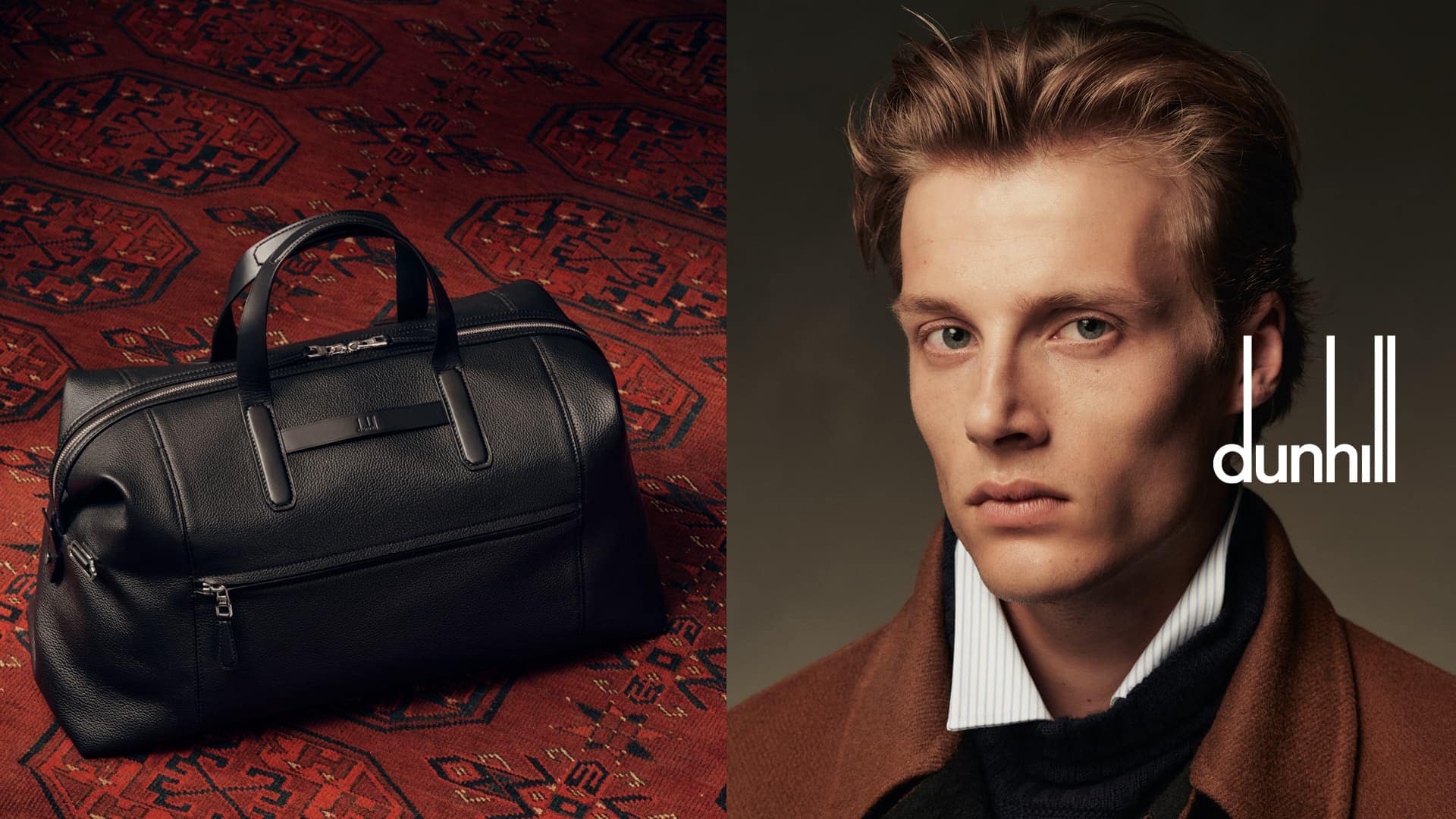 Dunhill brand ad featuring a black leather duffel bag on a red patterned rug and an adult male model wearing a brown coat.