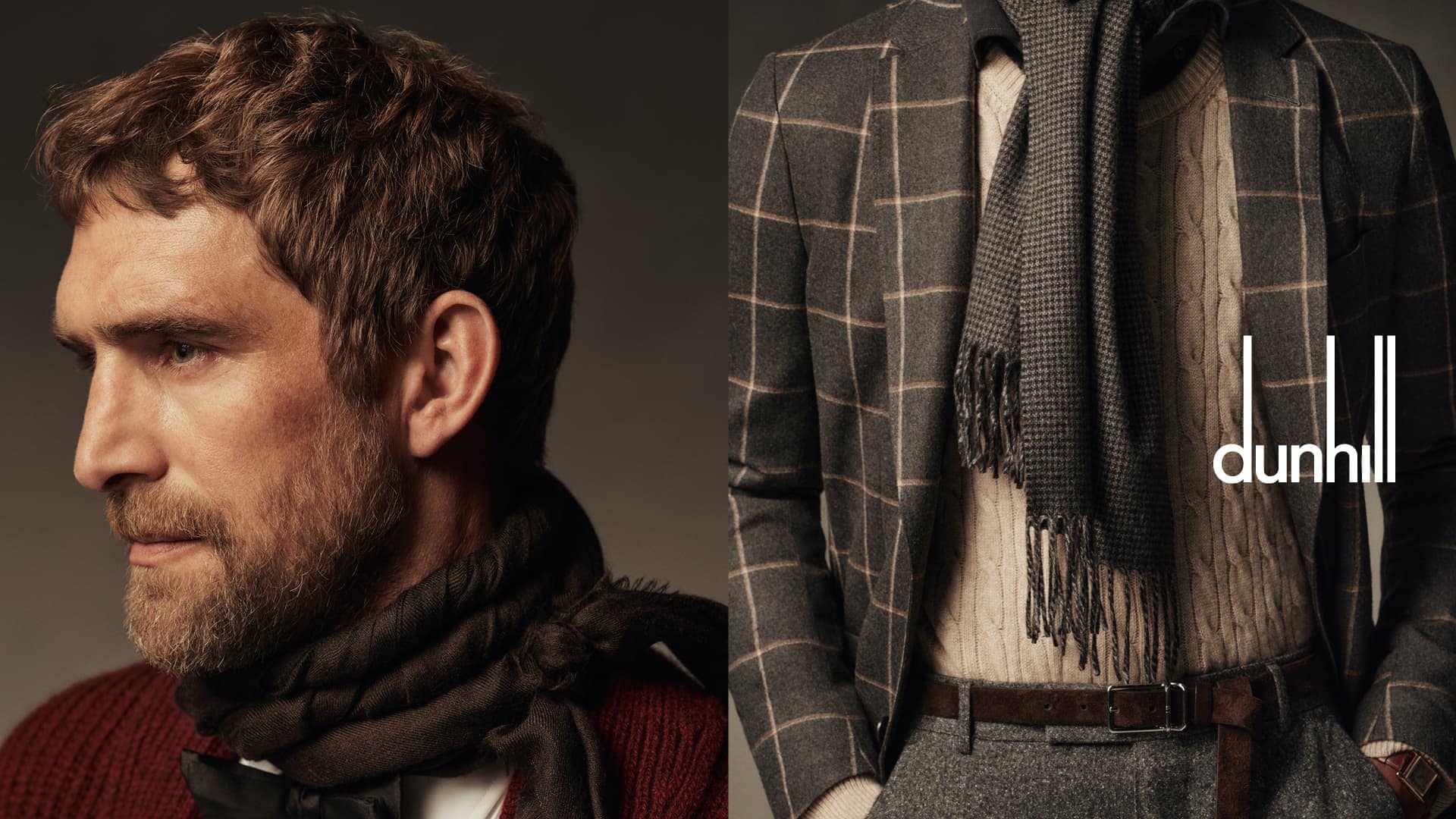Portrait of a mature man in a red sweater and jacket, styled with a scarf, and an out-of-focus view of a suit and the Dunhill logo.