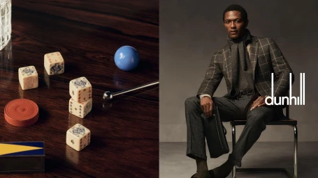 Man seated on chair wearing a plaid suit holding a black clutch in Dunhill Hallmarks of Style ad campaign