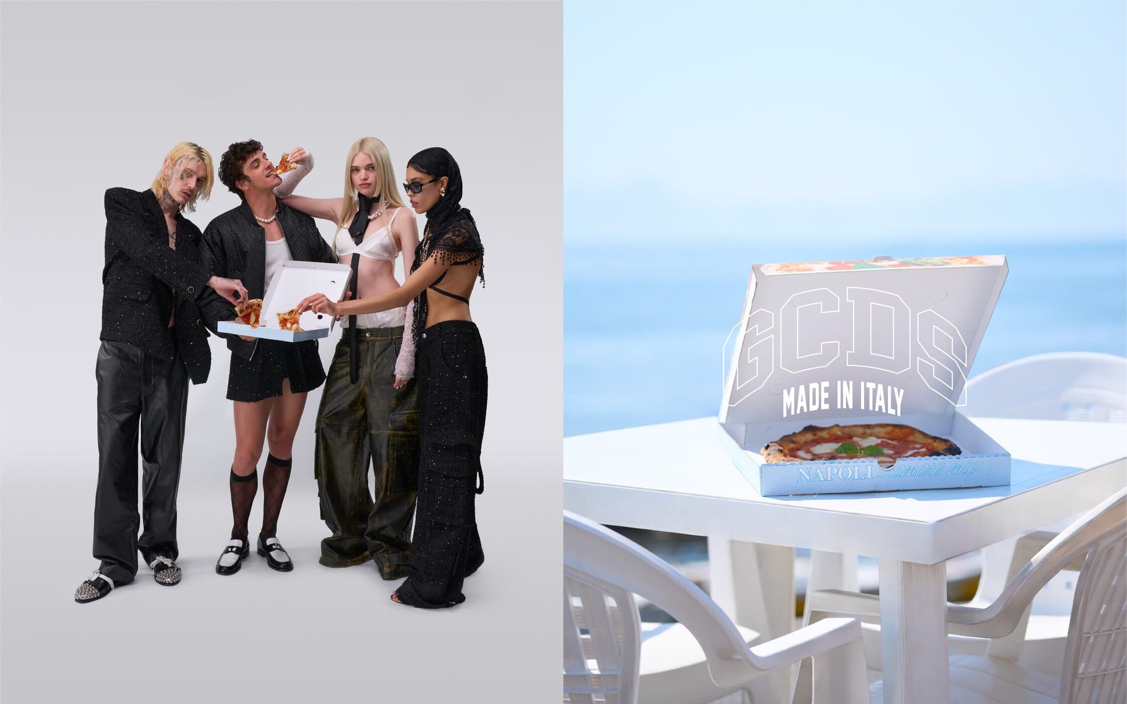 A group of four young adults are eating pizza from a box in a white studio, and a pizza box sits on a white table at a beach.