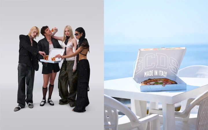 A group of four young adults are eating pizza from a box in a white studio, and a pizza box sits on a white table at a beach.