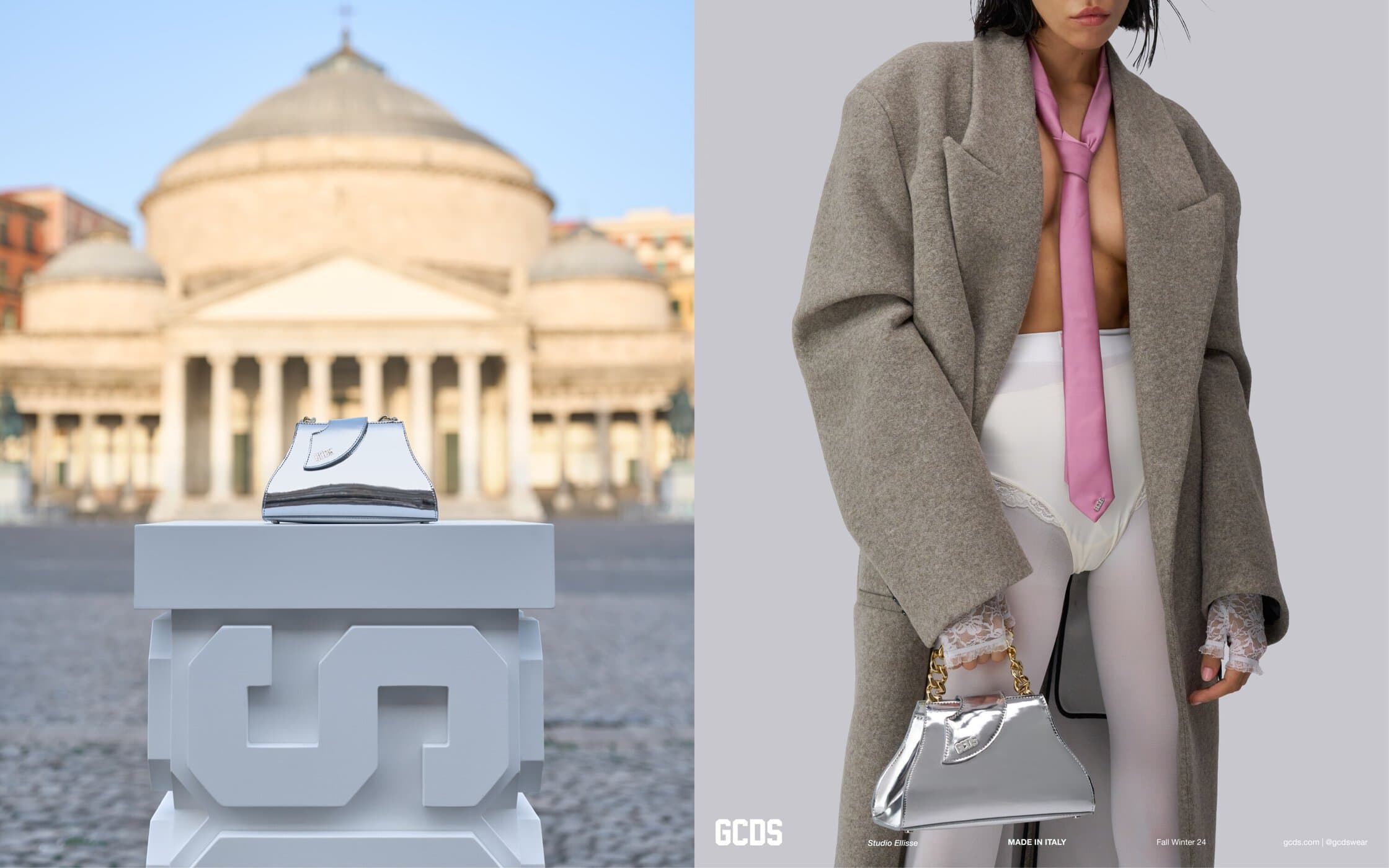 Fashion shot featuring a handbag displayed outdoors, contrasted with a model in a coat, tie and tights on a gray background.