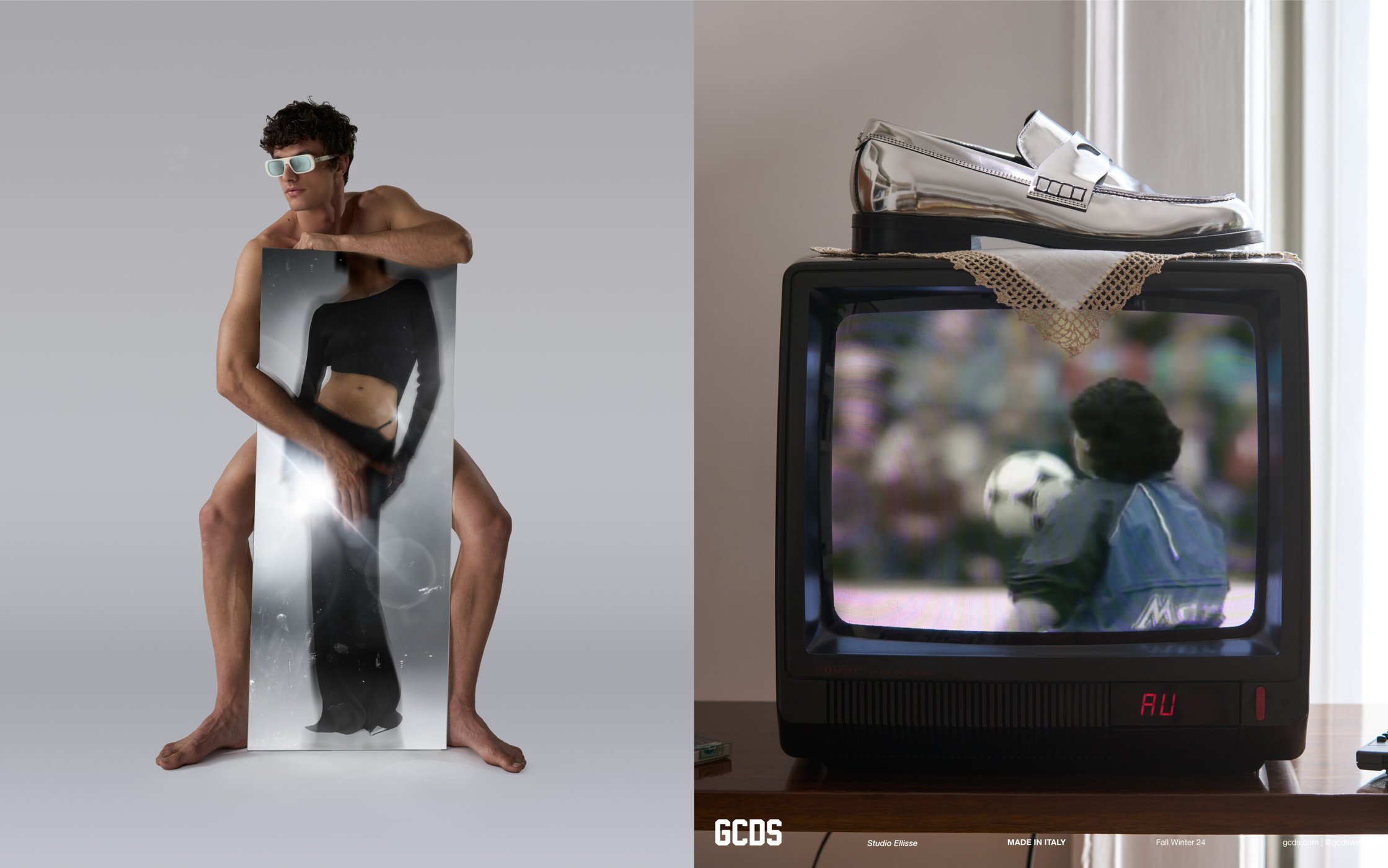 Male model with eyewear holding a translucent image of a woman, contrasted with a vintage TV topped with a shiny loafer.