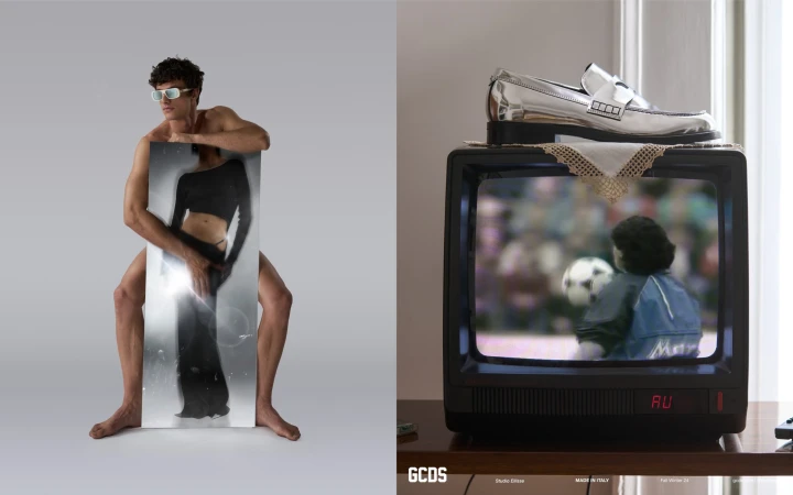 Male model with eyewear holding a translucent image of a woman, contrasted with a vintage TV topped with a shiny loafer.