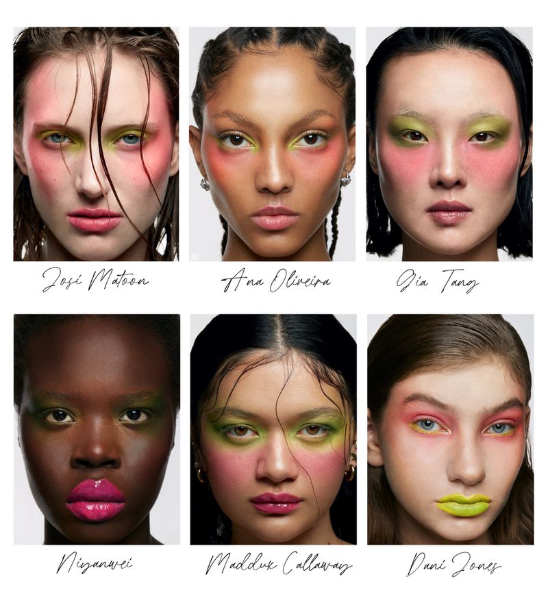 Beauty ad featuring six diverse women with artistic neon makeup in pink, green, and yellow tones against a clean white backdrop.