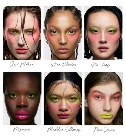 Beauty ad featuring six diverse women with artistic neon makeup in pink, green, and yellow tones against a clean white backdrop.