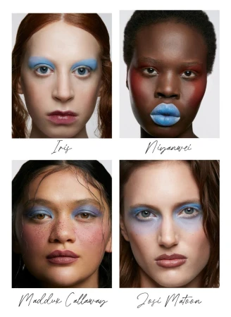 Four adult women display blue makeup on their eyebrows and lips in a beauty shot on a white background. Beauty & Fashion.