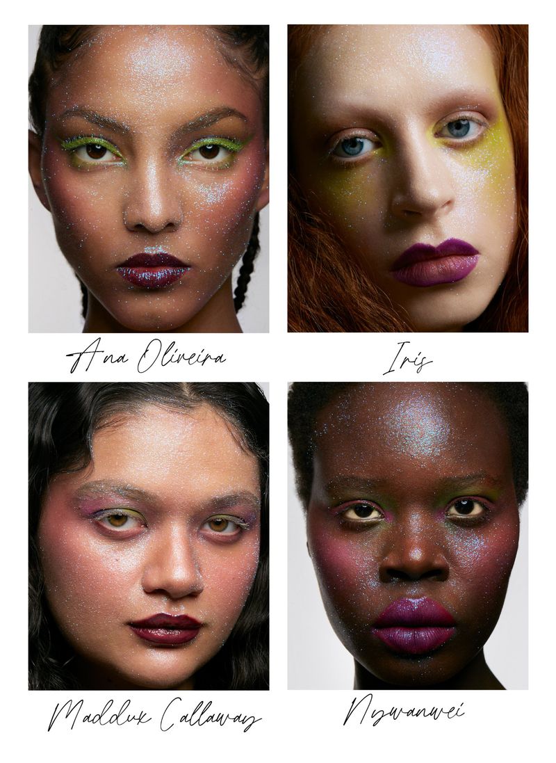 Four women with vivid makeup in a beauty shot showcase colorful eyeshadow, shiny glitter on the skin, and dark, glossy lipstick.
