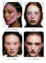 Four close-up beauty portraits of models with artistic pink and purple makeup styling for Vogue Portugal
