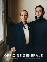 Maggie Maurer and Niels Trispel wearing dark tailored coats and knitwear for the Officine Générale Fall 2023 ad campaign.