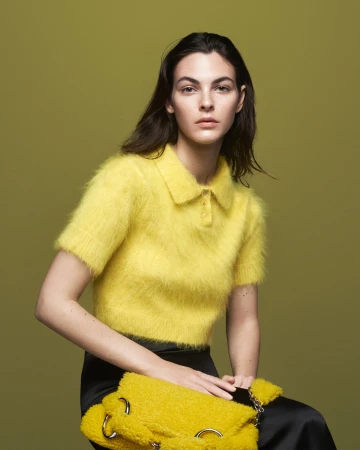 A brunette woman poses in a studio with a yellow fuzzy collared shirt, black skirt, and matching yellow bag against an olive backdrop.