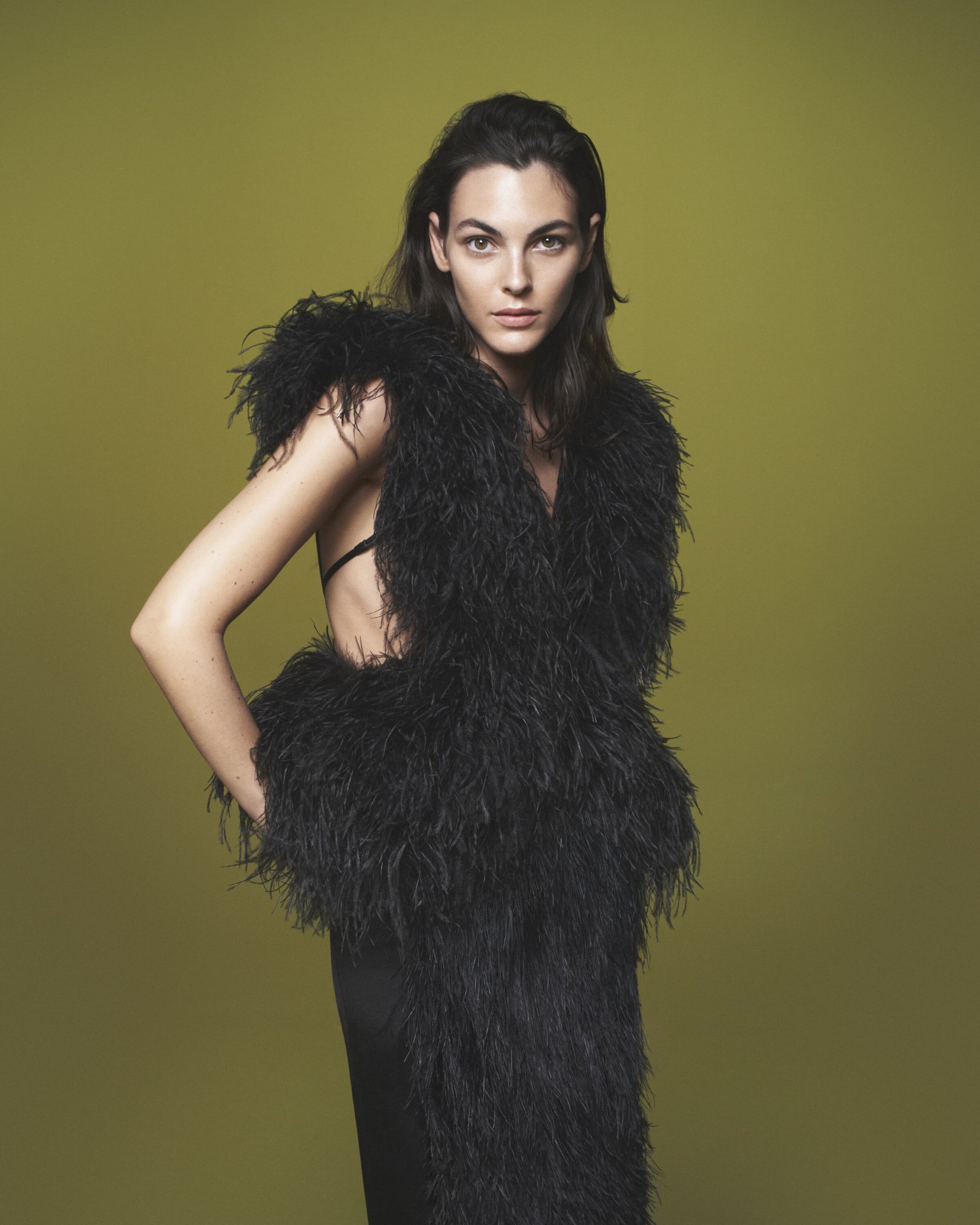 Portrait of a stylish brunette woman posing in a feather boa and black dress against a green background in a studio setting.