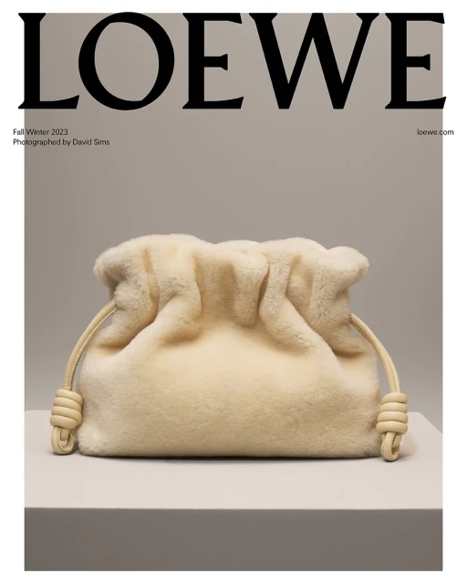 Ivory Loewe shearling pouch bag on a platform against a taupe background, presented in a studio fashion shot for Fall/Winter 2023.