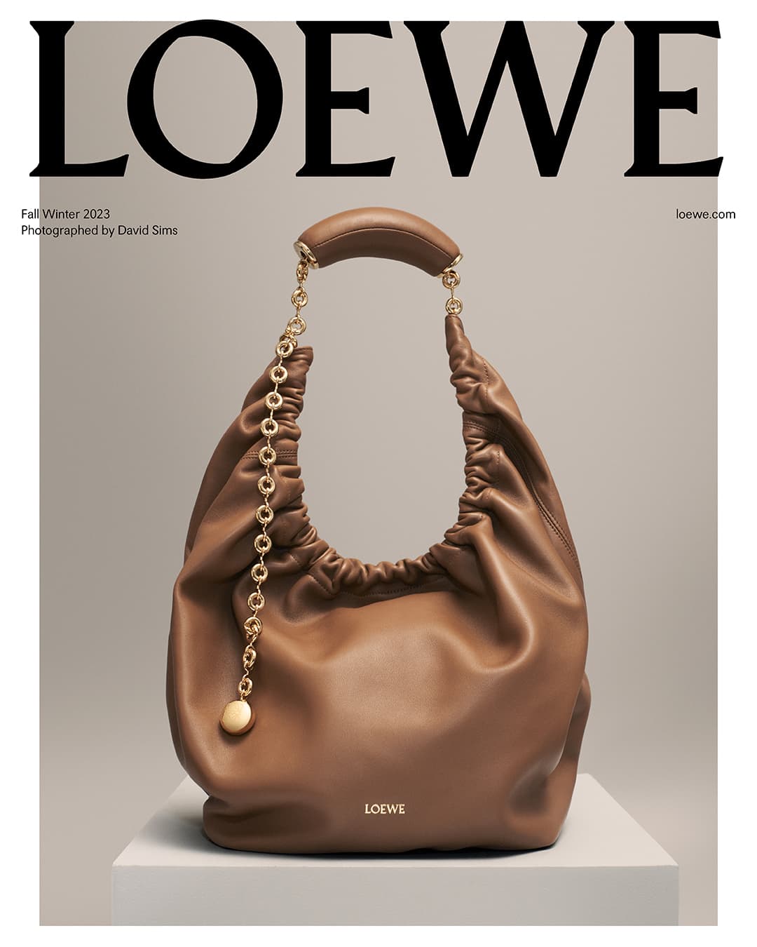 Loewe handbag in tan leather with a chain strap and gold hardware displayed against a neutral backdrop for a fashion advertisement.